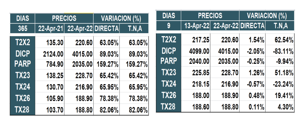 Bonos argentinos emitidos en pesos al 22 de abril 2022