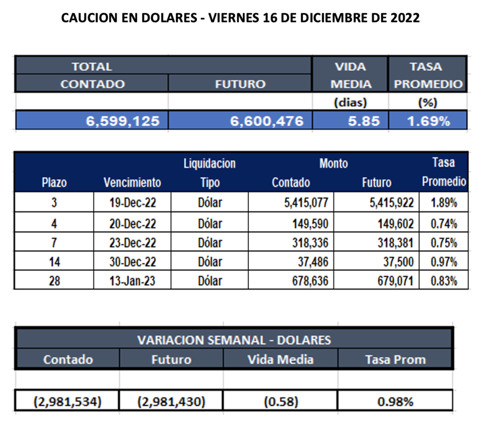 Cauciones bursátiles en dólares al 16 de diciembre 2022