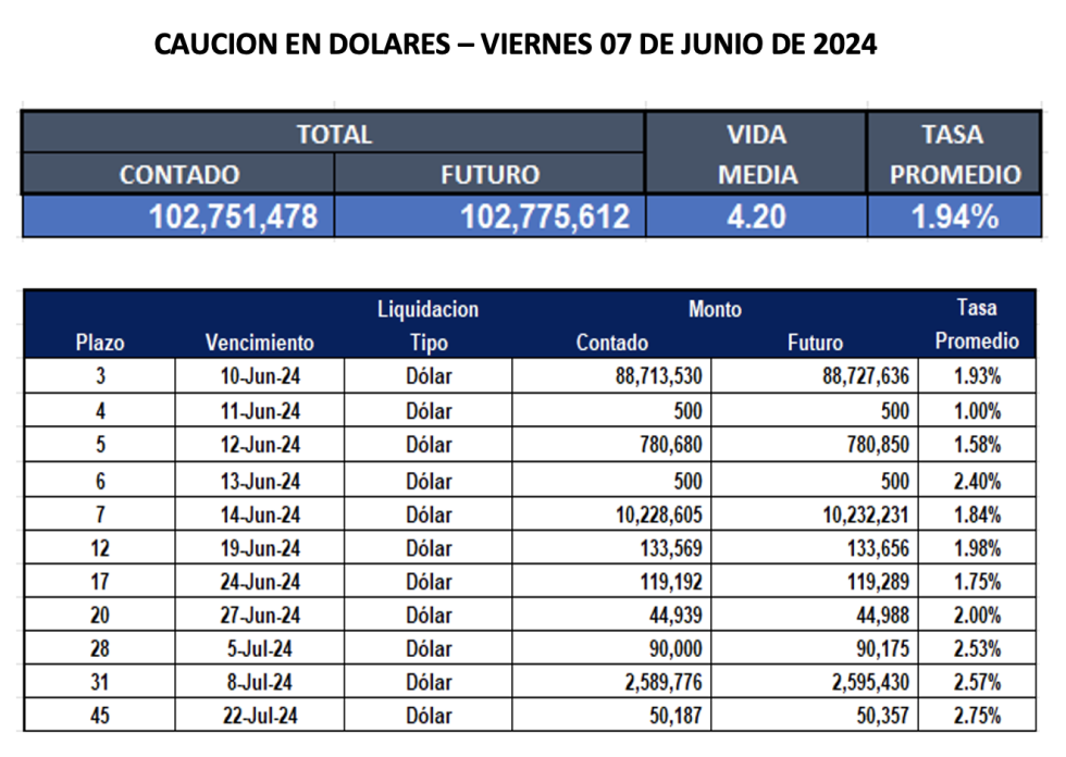 Cauciones bursátiles en dólares al 7 de junio 2024