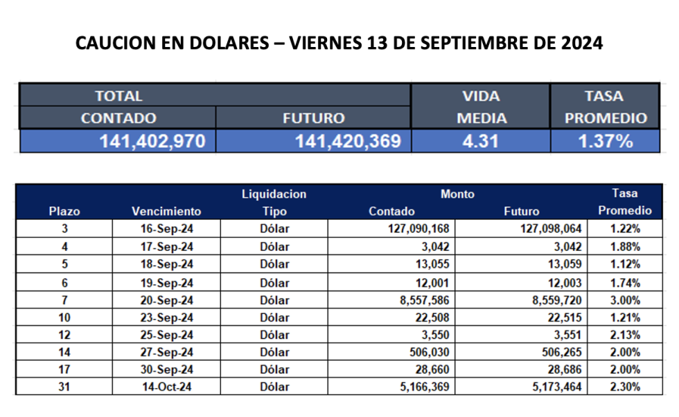 Cauciones bursátiles en dólares al 13 de septiembre 2024