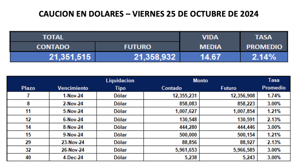 Cauciones bursátiles en dólares al 25 de octubre 2024