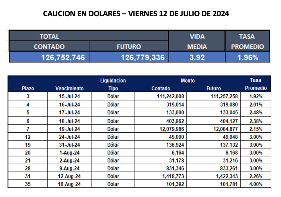 Cauciones bursátiles en dólares al 12 de julio 2024