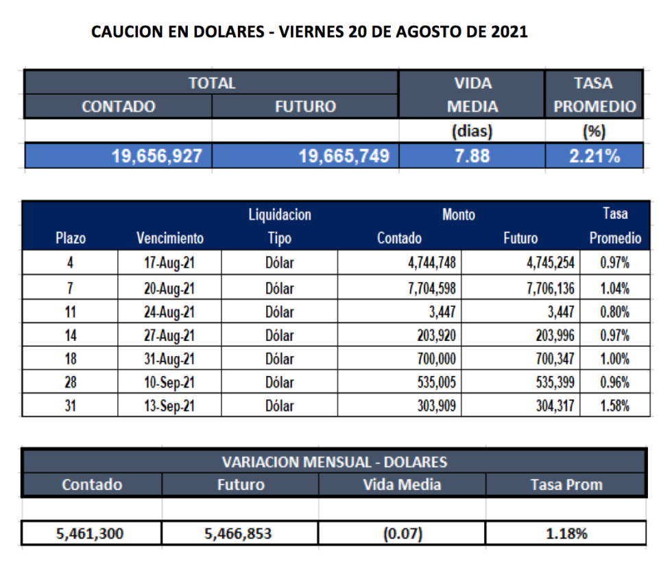 Cauciones bursátiles en dólares al 20 de agosto 2021