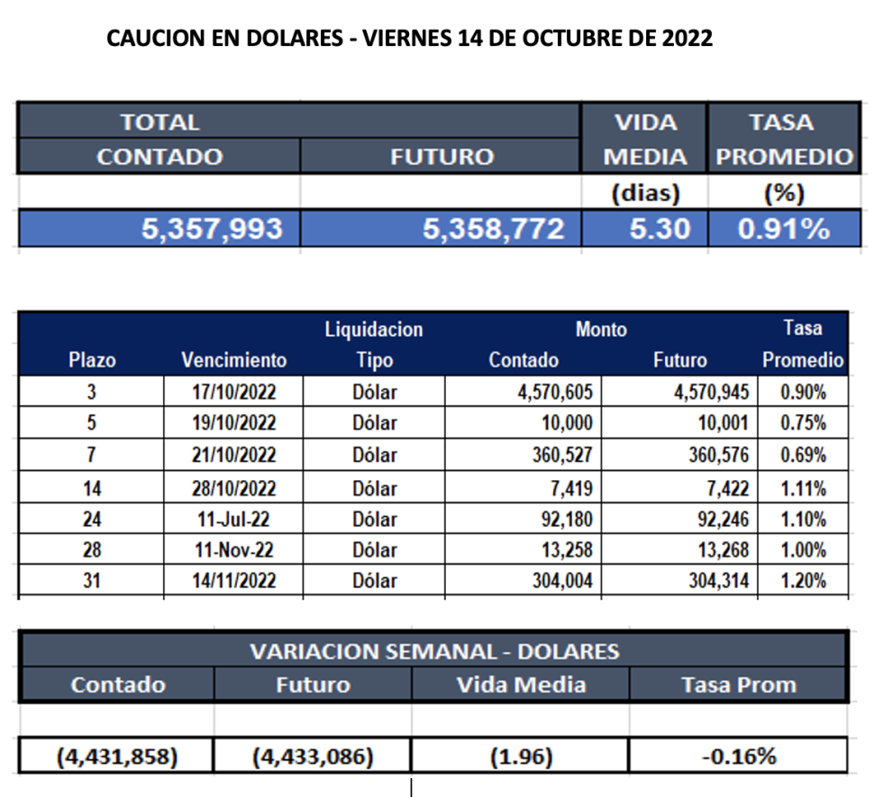 Cauciones bursátiles en dolares al 14 de octubre 2022