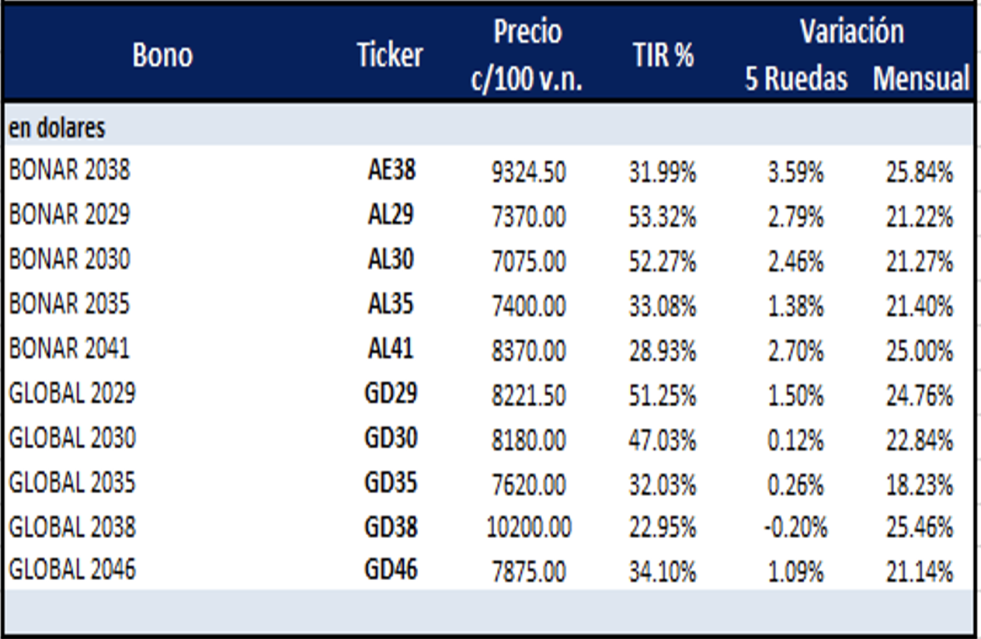 Bonos argentinos en dolares al 25 de noviembre 2022