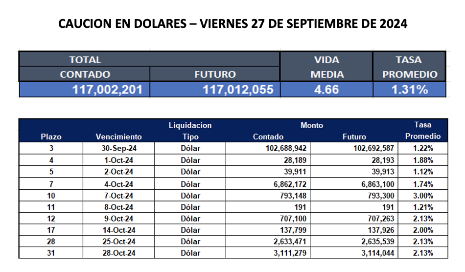 Cauciones bursátiles en dólares al 27 de septiembre 2024