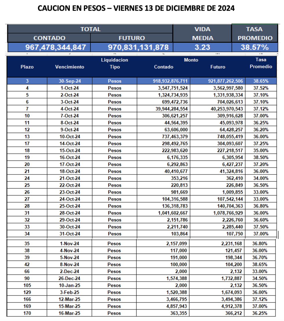 Cauciones bursátiles en pesos al 13 de diciembre 2024