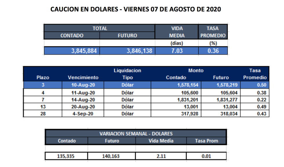 Cauciones bursátiles en dólares al 7 de agosto 2020