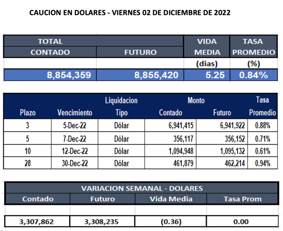 Cauciones bursátiles en dólares al 2 de diciembre 2022