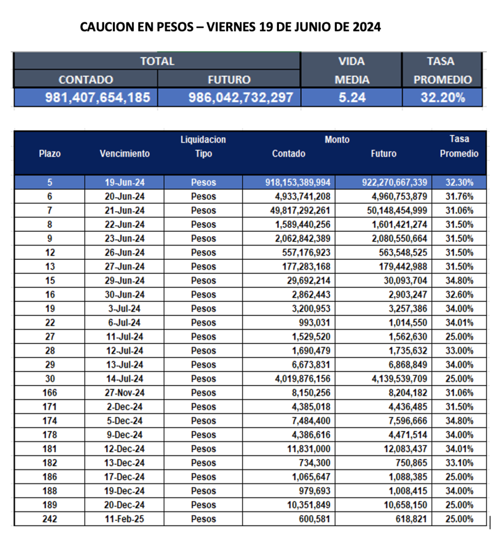 Cauciones bursátiles en pesos al 19 de junio 2024