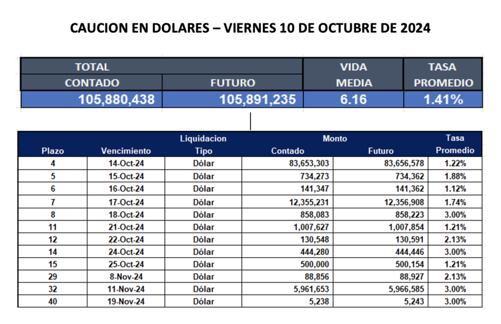 Cauciones bursátiles en dólares al 11 de octubre 2024