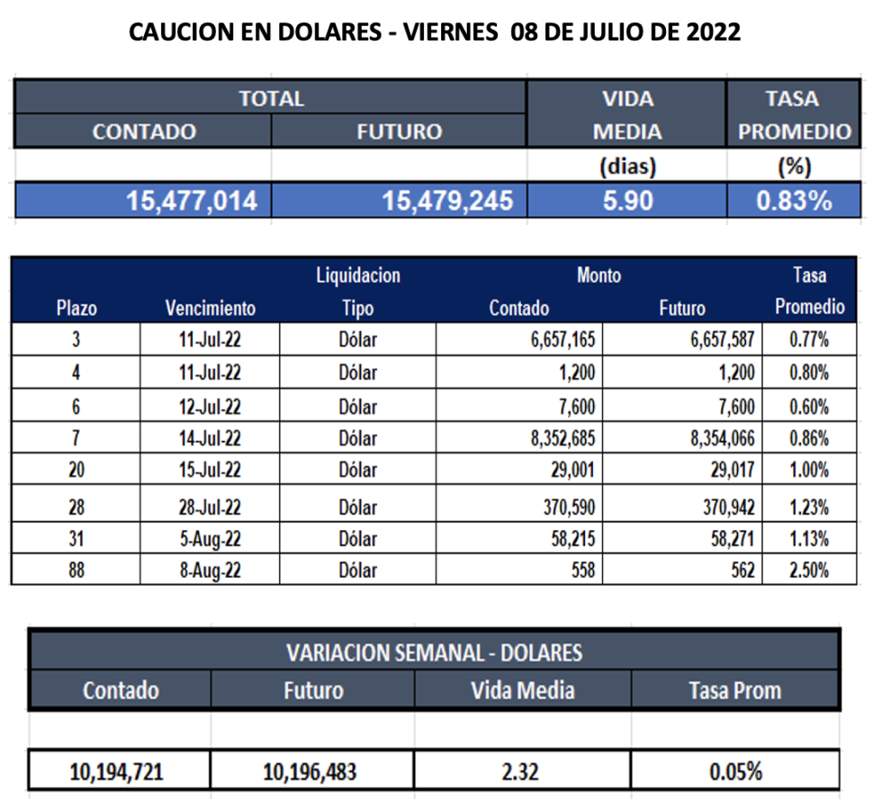 Cauciones bursátiles en dólares al 8 de julio 2022