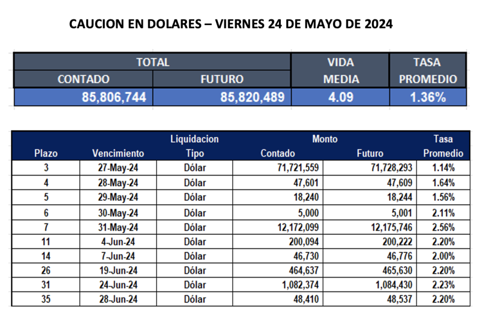 Cauciones bursátiles en dólares al 24 de mayo 2024