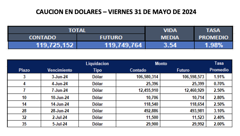 Cauciones bursátiles en dólares al 31 de mayo 2024