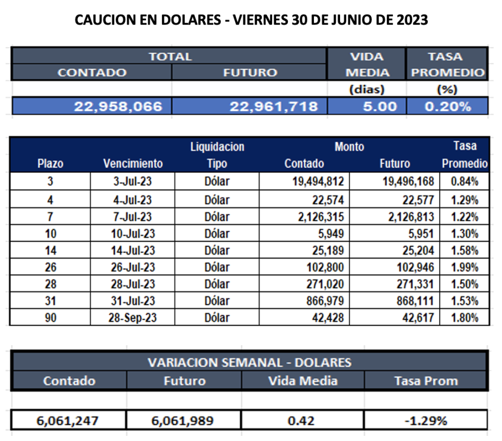 Cauciones bursátiles en dolares al 30 de junio 2023