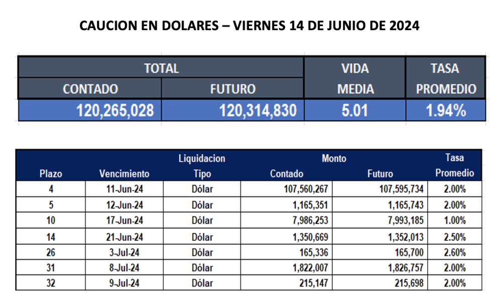 Cauciones bursátiles en dólares al 14 de junio 2024