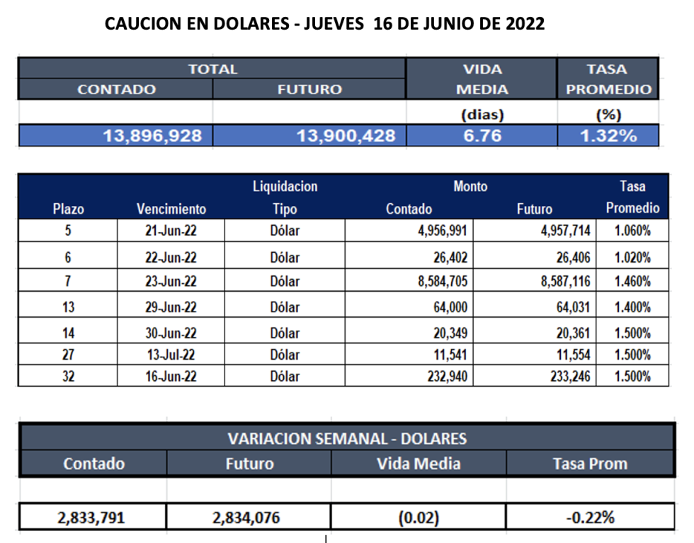 Cauciones bursátiles en dólares al 16 de junio 2022