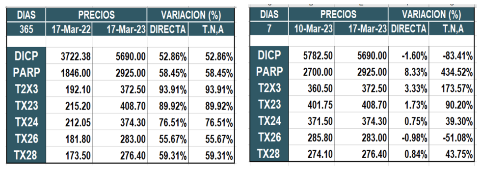 Bonos argentinos en pesos al 17 de marzo 2023