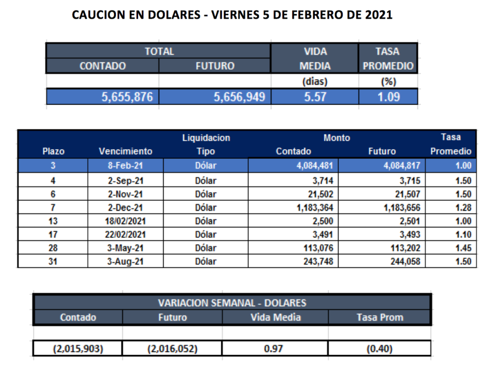 Cauciones bursátiles en dólares al 5 de febrero 2021