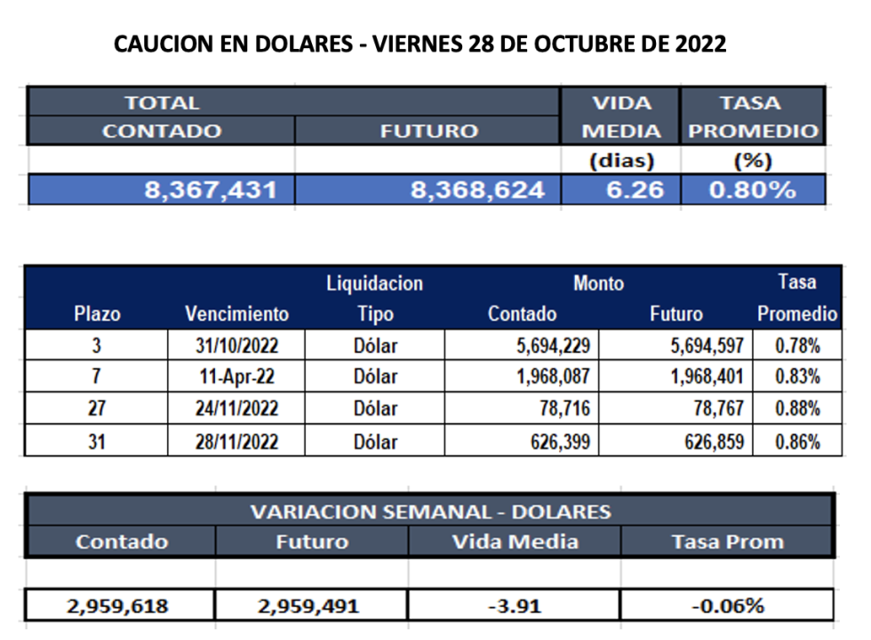 Cauciones bursátiles en dólares al 28 de octubre 2022