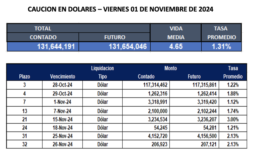 Cauciones bursátiles en dólares al 1 de noviembre 2024