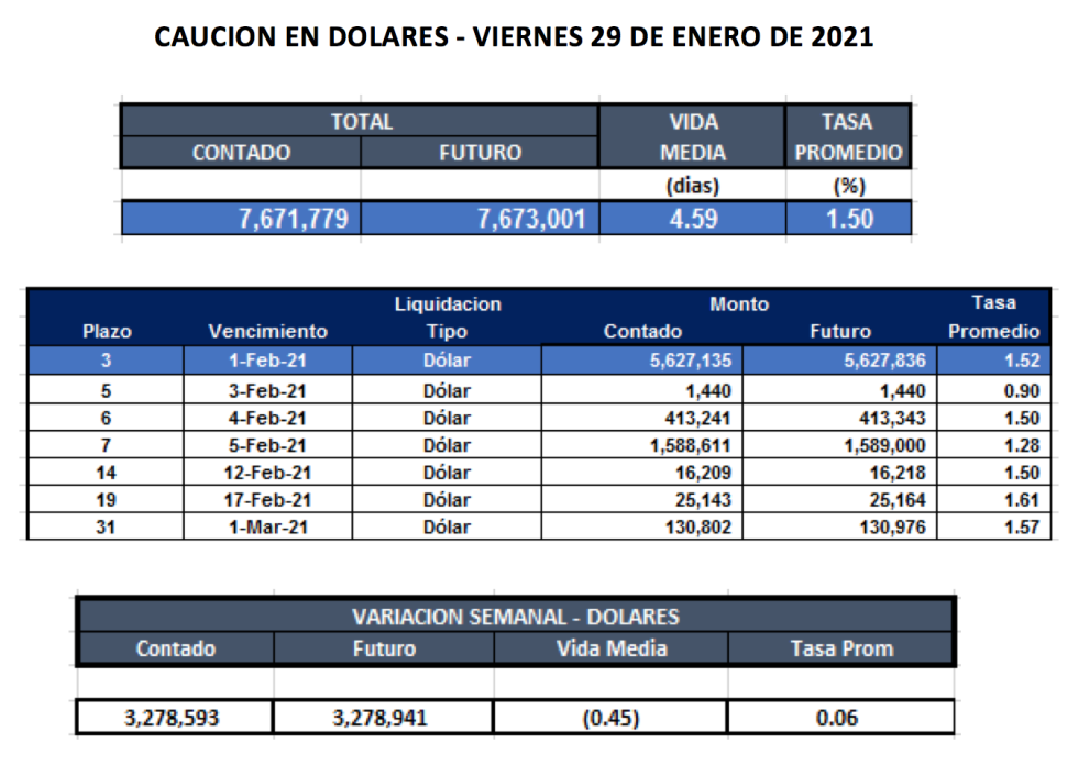 Cauciones bursátiles en dólares al 29 de enero 2021