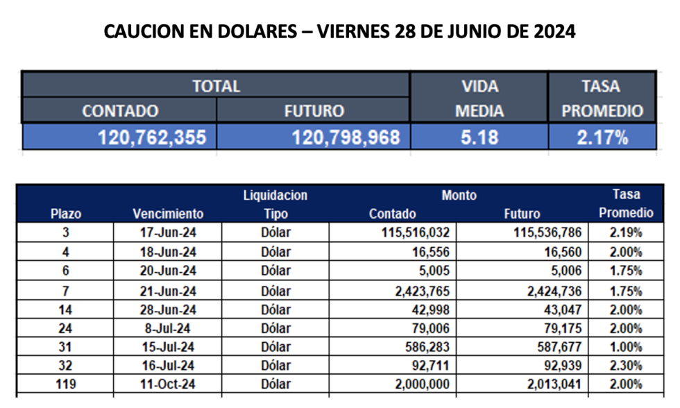 Cauciones bursátiles en dólares al 28 de junio 2024